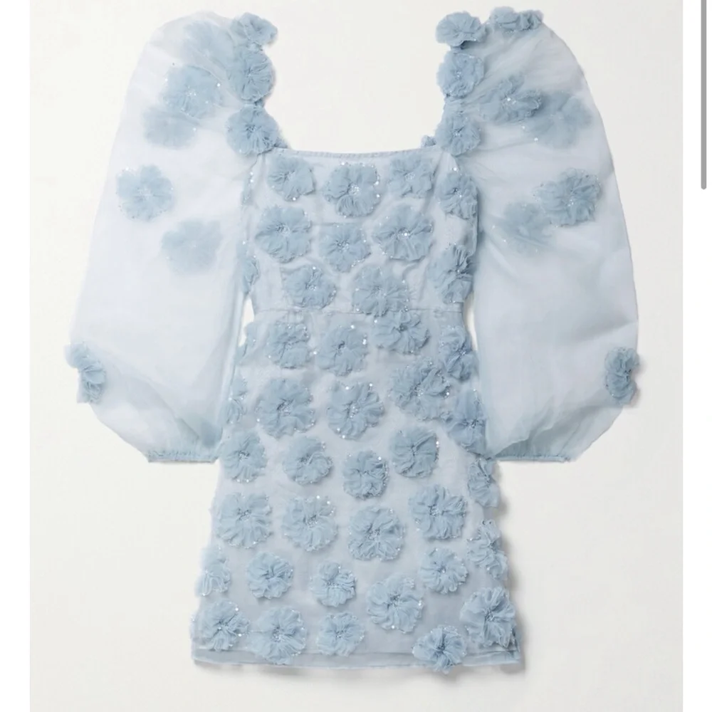NWT LOVESHACKFANCY Wells appliquéd organza mini dress in blue size 4 - Picture 2 of 12